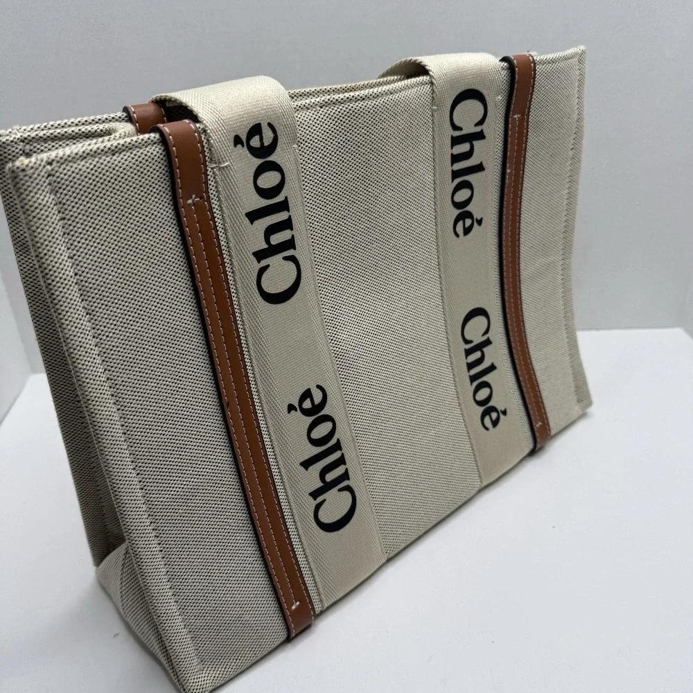 Chloé Woody Medium Tote Beige Canvas Brown Leather Logo Tote Bag Italy